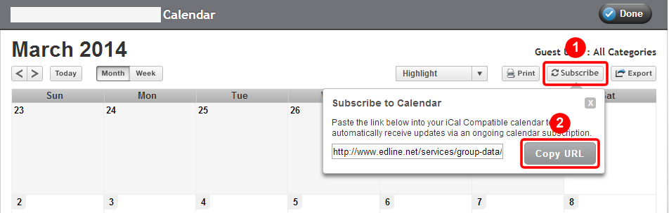Edline Calendar with the Subscribe and Copy URL buttons highlighted