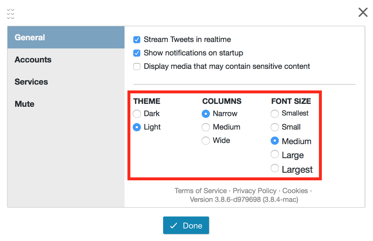 TweetDeck Settings with Theme, Columns, and Font Size highlighted