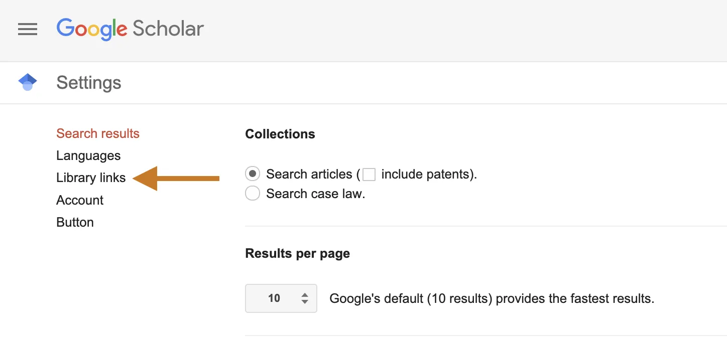 Screenshot of Google Scholar Settings with an arrow pointing to Library Links