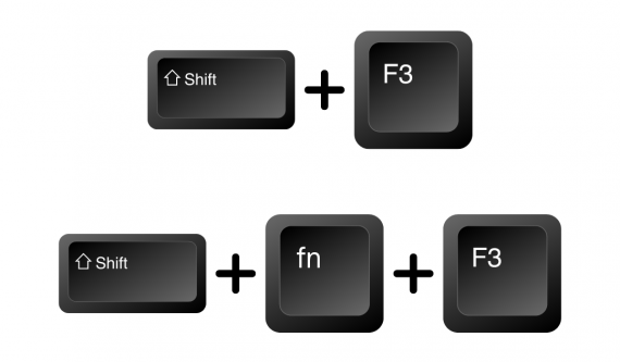 Keyboard icons depicting Shift+F3 and Shift + fn + F3