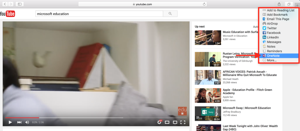 YouTube in Safari with the Share menu open highlighting OneNote