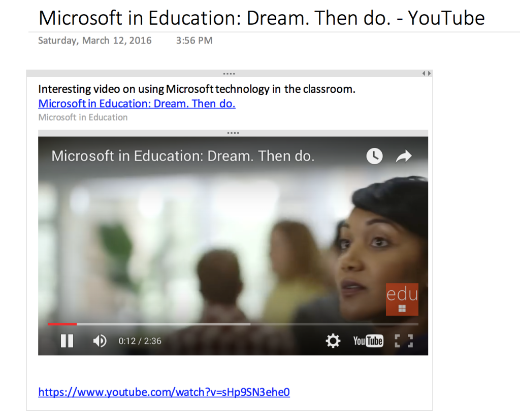 Screen Shot of a YouTube video in a OneNote page