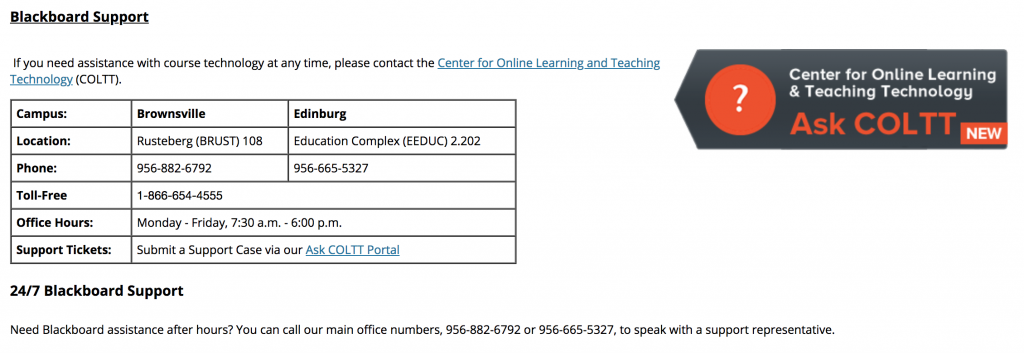 Screenshot of the 24/7 Blackboard Support Information in the course template.