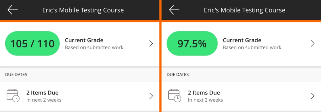 Blackboard app screenshot displaying total points and percentage.